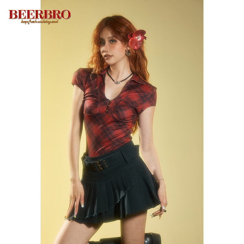 BeerBro 美式辣妹V领格子短袖针织衫牛奶丝面料紧身显瘦上衣新款