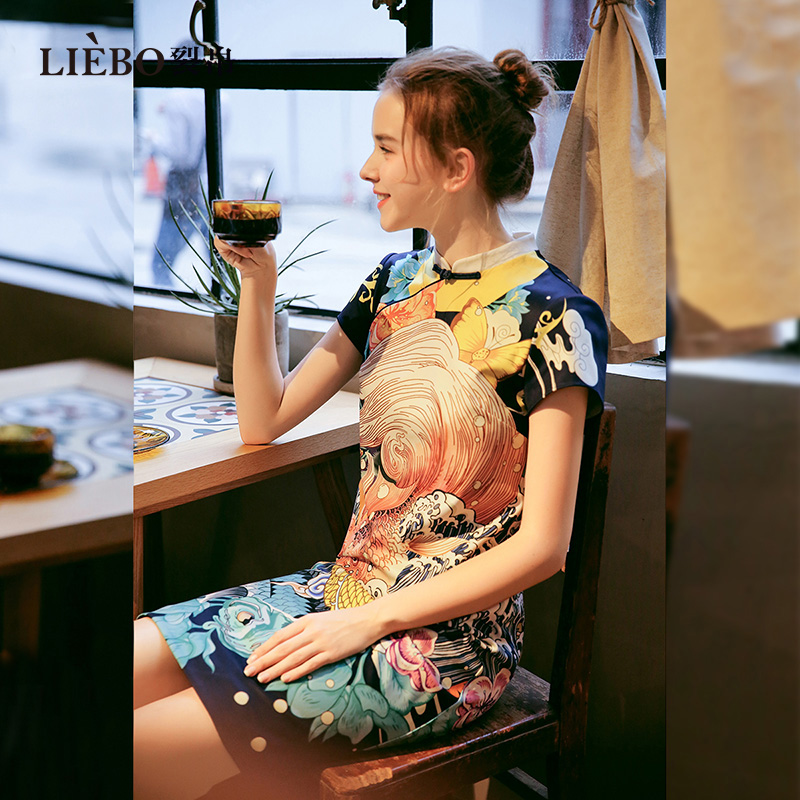 裂帛复古撞色短袖连衣裙新中式海浪动植物花卉卡通印花旗袍