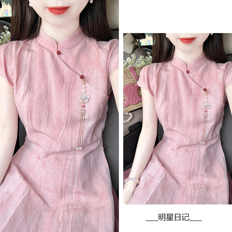 新中式改良版旗袍半身裙两件套粉色国风连衣裙夏季盘扣裙子气质女