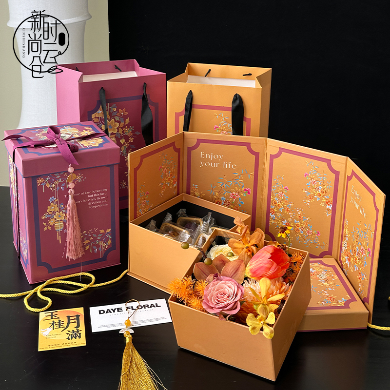 新款原创设计中秋节高档月饼鲜花方盒创意礼品包装纸盒花艺插花盒