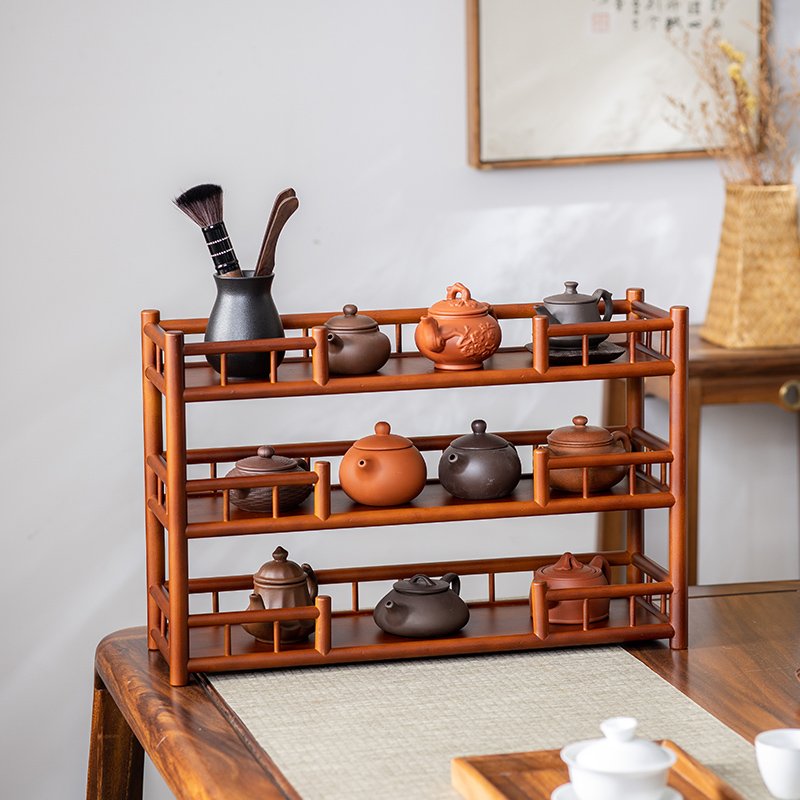 双层杯架茶具复古置物架带围栏桌上紫砂茶杯壶收纳中式茶壶展示架