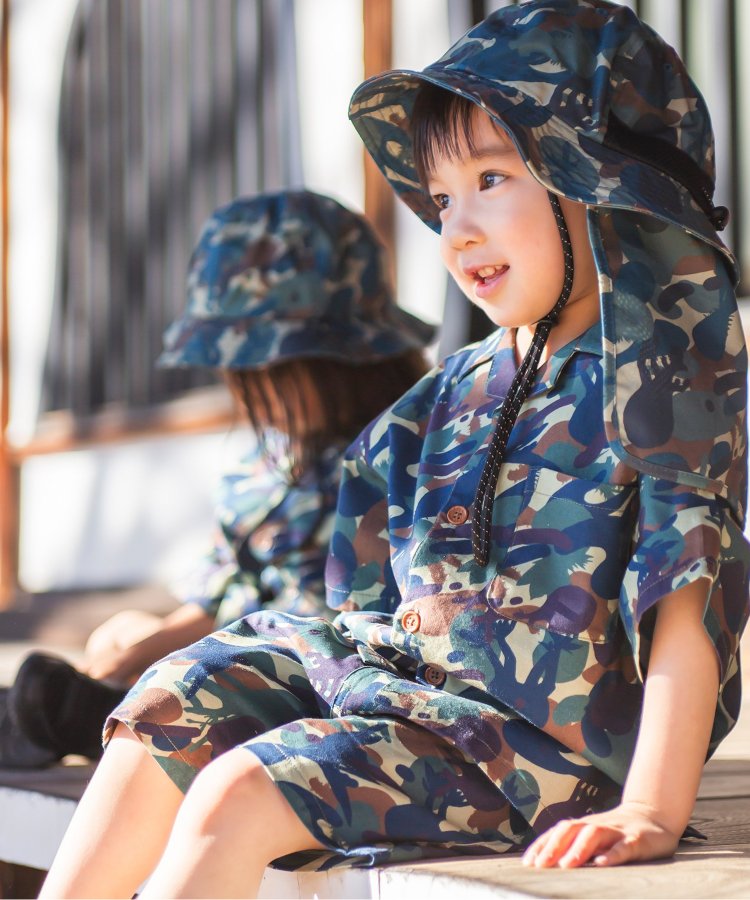 日本 BREEZE 2024夏儿童装户外防晒野战军迷彩衬衫短裤渔夫帽套装