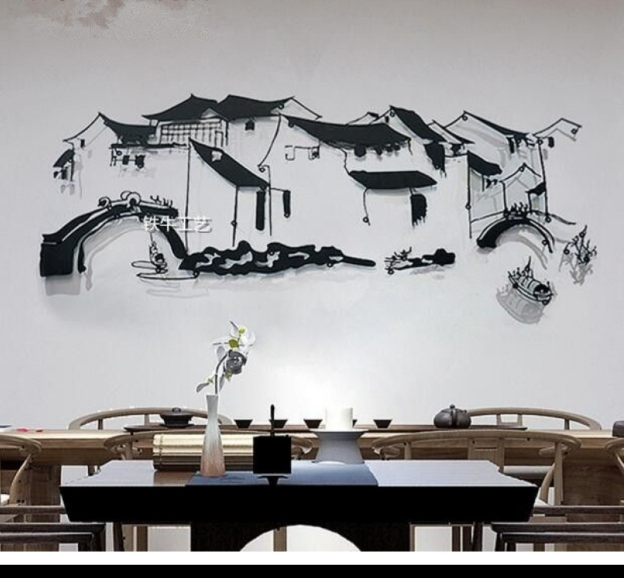 中式徽派建筑手绘墙模板江南水镇涂鸦小桥流水墙面绘画庭院装饰