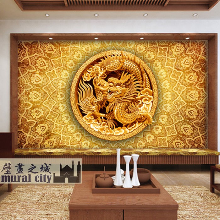 3D浮雕黄金龙墙纸霸气飞龙在天龙戏珠壁纸龙的传人华夏龙壁画背景