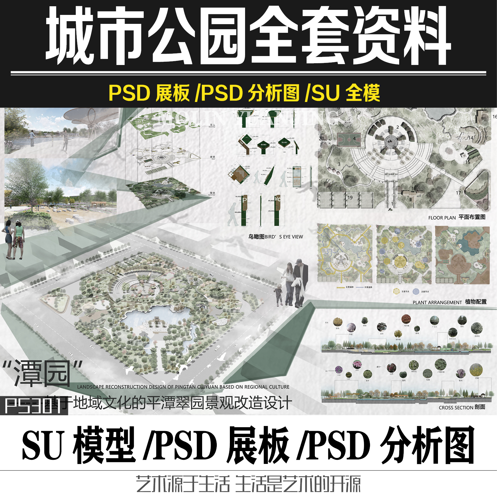 城市公园广场景观全套设计cad平面su模型PSD展板分层源文件分析图
