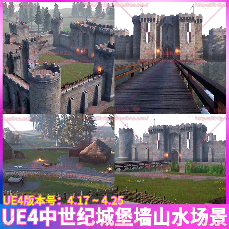 UE4 虚幻4 中世纪战争城堡城墙城门茅草屋路桥山水树木场景3D模型