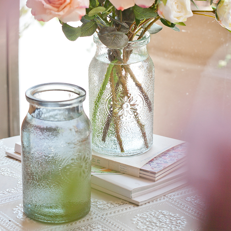 虹越玻璃花瓶家居桌面装饰鲜花水培简约树叶纹双耳太阳花轻奢风