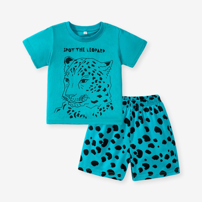 男童夏季野性猎豹头像斑点印花T恤短袖打底裤两件套中小儿童套装L
