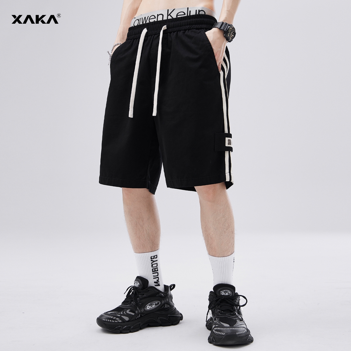 XAKA美式潮牌黑色5分短裤男夏潮流侧边条纹宽松纯棉外穿篮球中裤