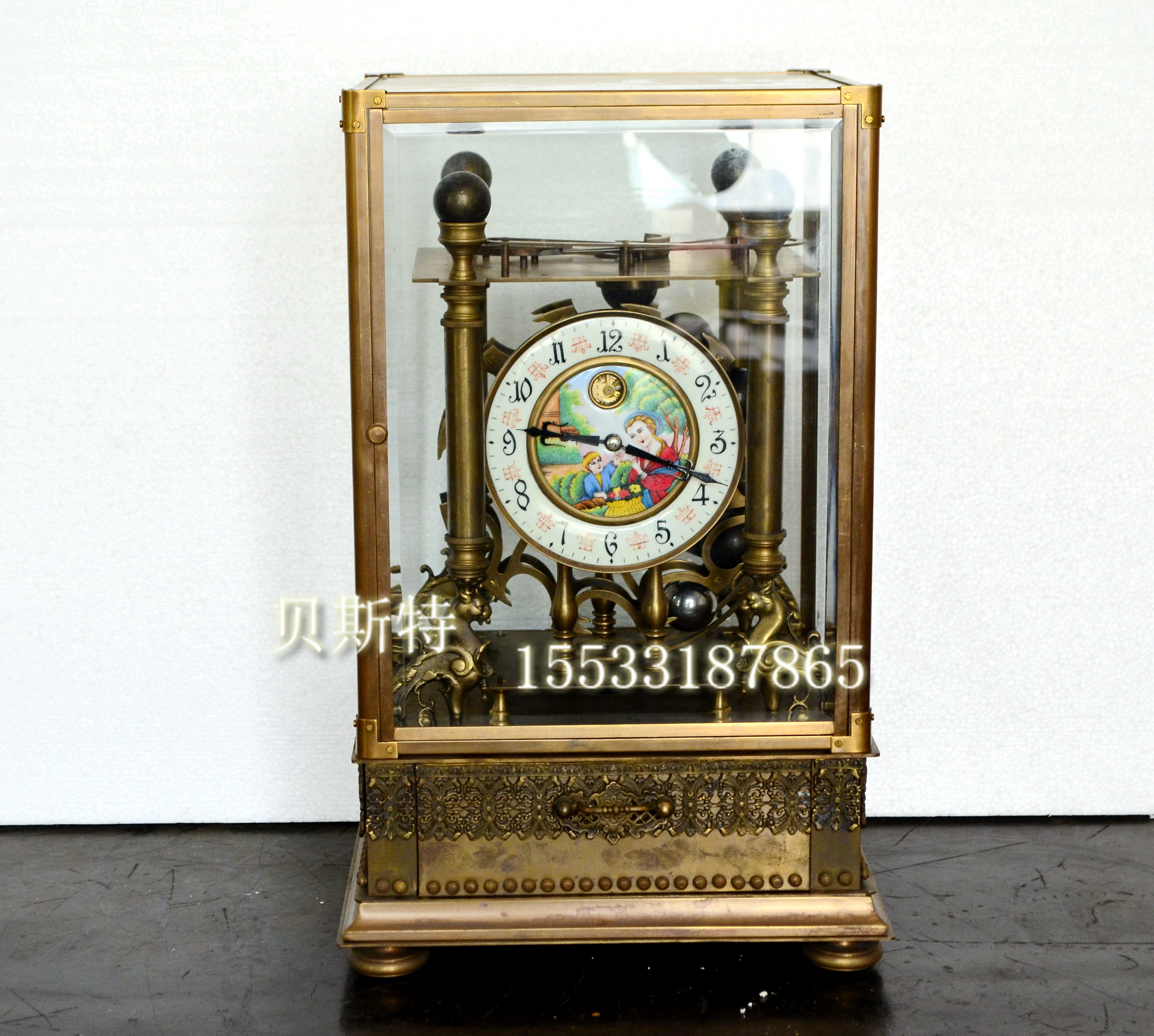 钟表 纯铜机械压力钟纯铜老式钢珠钟样板间摆件老式座钟发条别墅