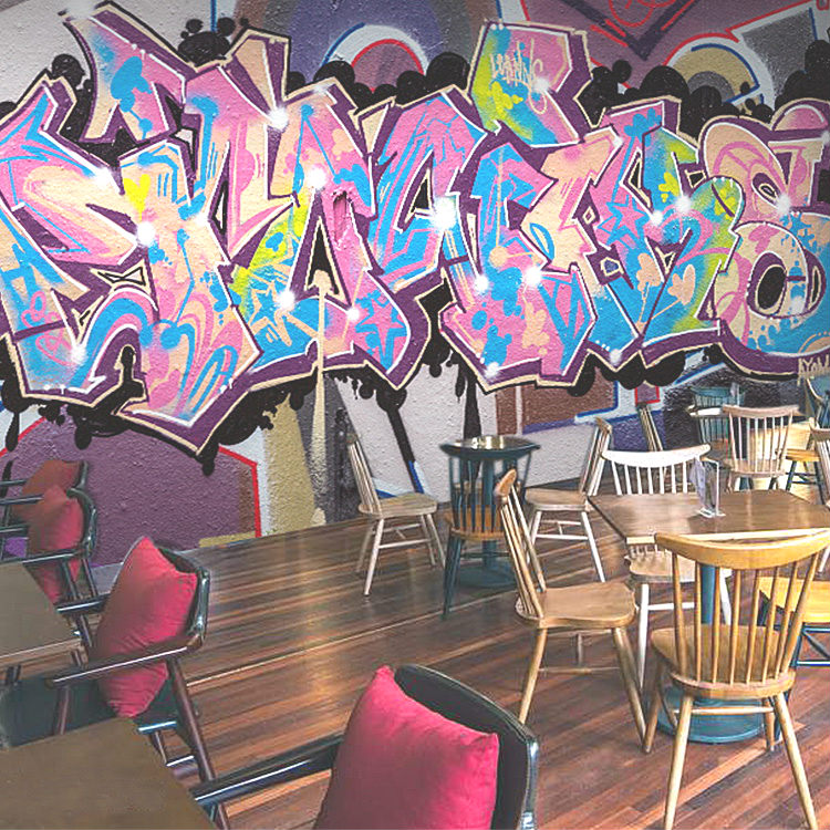 3D欧美街头涂鸦嘻哈壁画工业风酒吧背景墙壁纸健身V房街舞跑酷墙