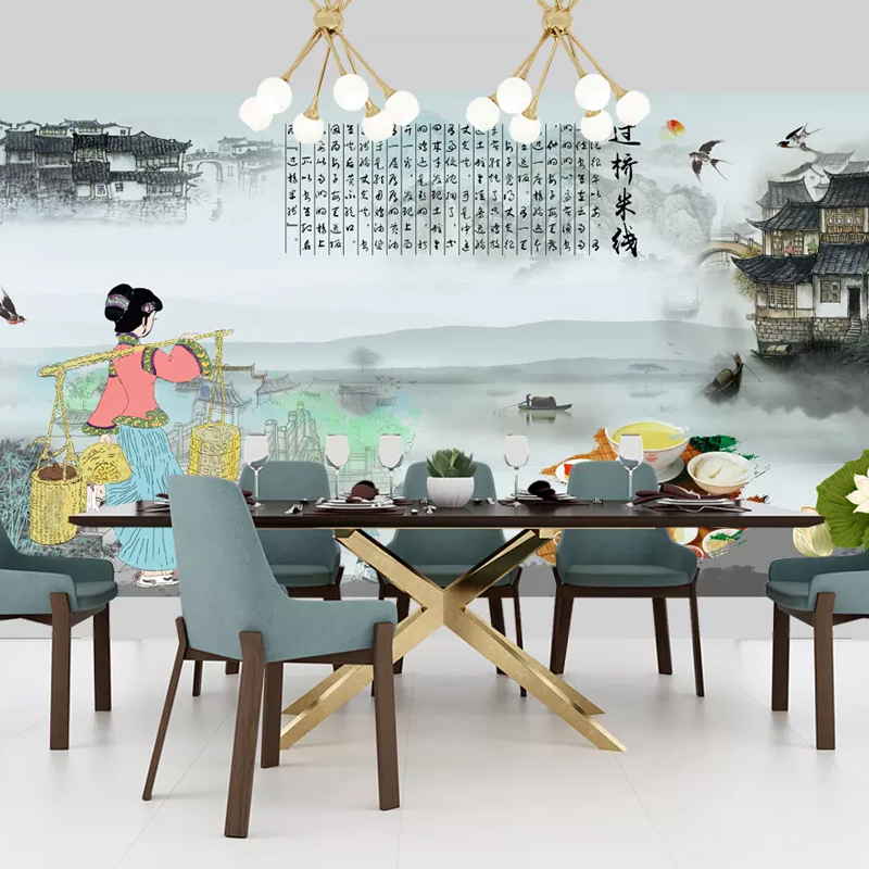 3D手绘云南砂锅美食过桥米线墙纸壁画小吃店餐厅客厅壁纸背景墙布