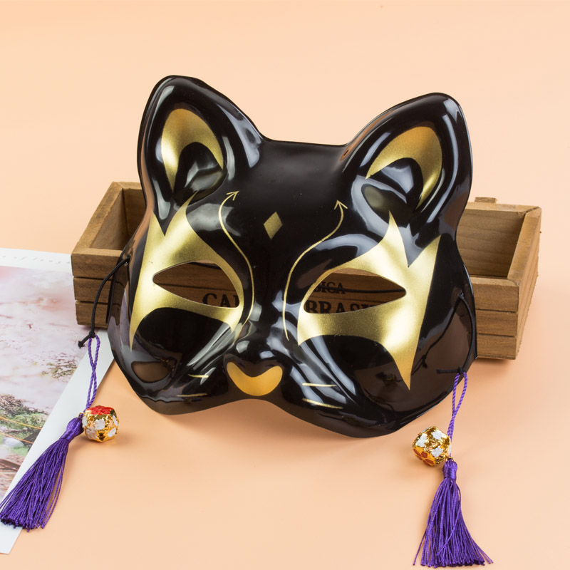 精美黑色半脸狐狸面具和风手绘和服配饰日本狐面狐妖猫咪cosplay