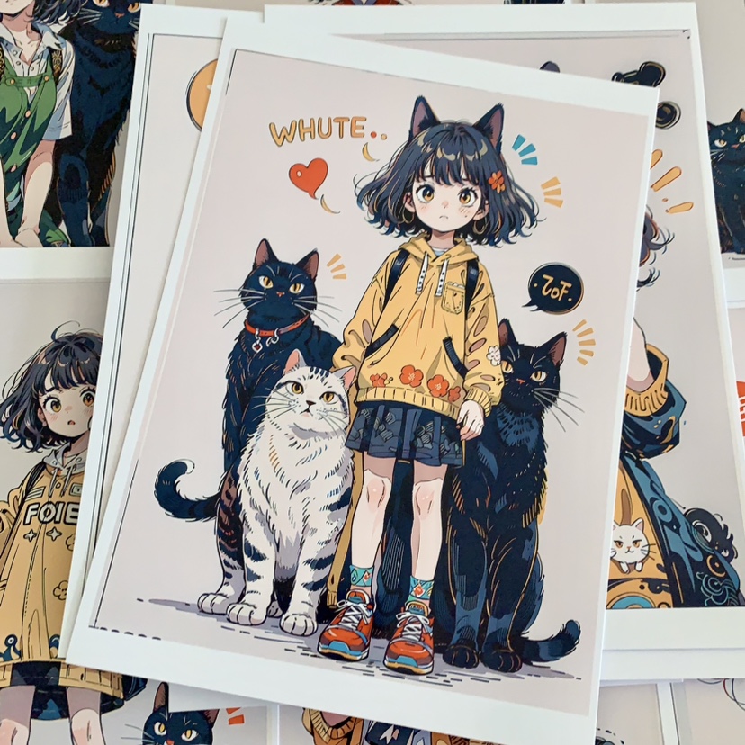 猫猫与少女临摹卡儿童创意美术明信片马克笔卡通动漫人物动物范图