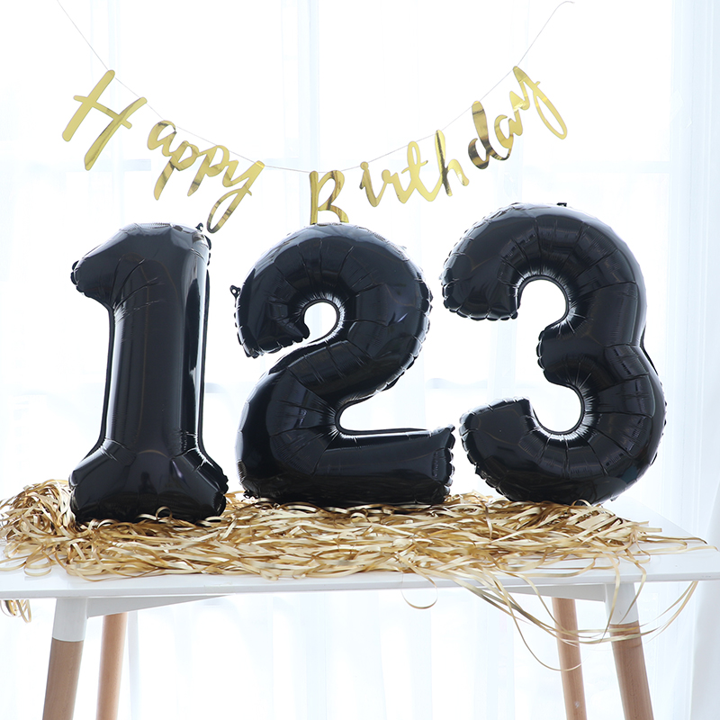 30寸纯黑色铝膜数字气球黑金主题成人生日周岁百天派对装饰布置