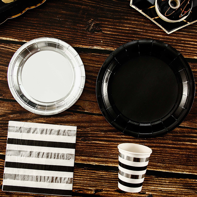 烫银盘子黑白银色系条纹杯子纸巾纯黑色纸盘钢琴主题派对餐具套装