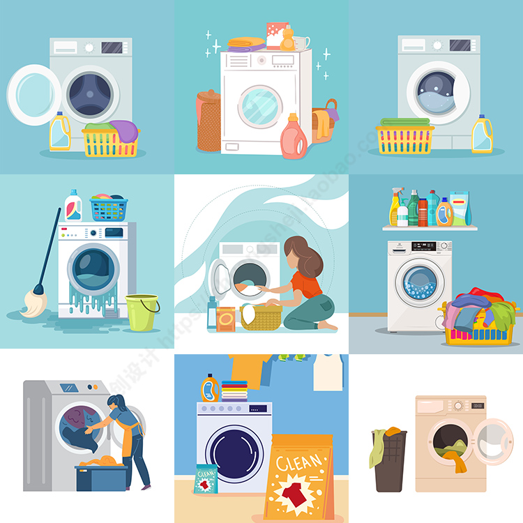 扁平化洗衣机插画 卡通洗衣服人物场景背景 AI格式矢量设计素材