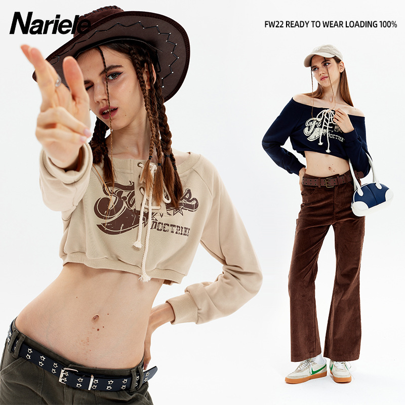 Nariele 露脐短款美式校园风长袖卫衣绑带设计感纯欲女生套头上衣