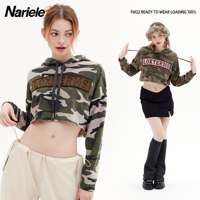 Nariele 迷彩帽衫女生露脐上衣设计感小众时髦卫衣正品秋季新款潮