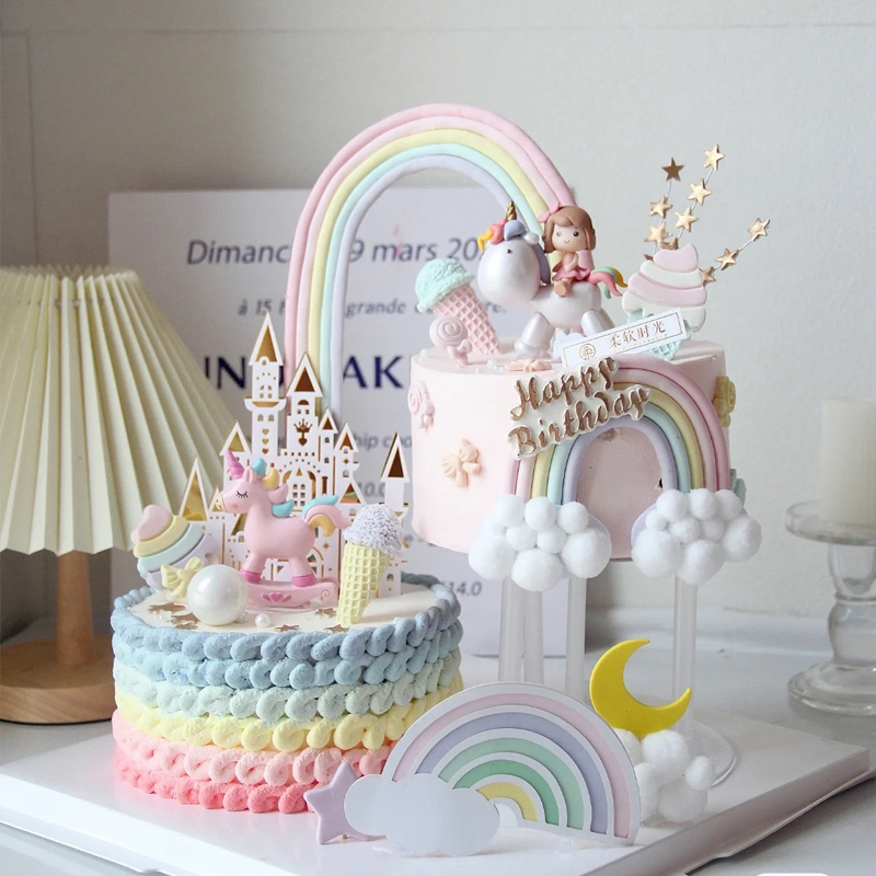 女孩生日烘焙蛋糕装饰骑独角兽女孩粉色摇摇马彩虹城堡星星插件c