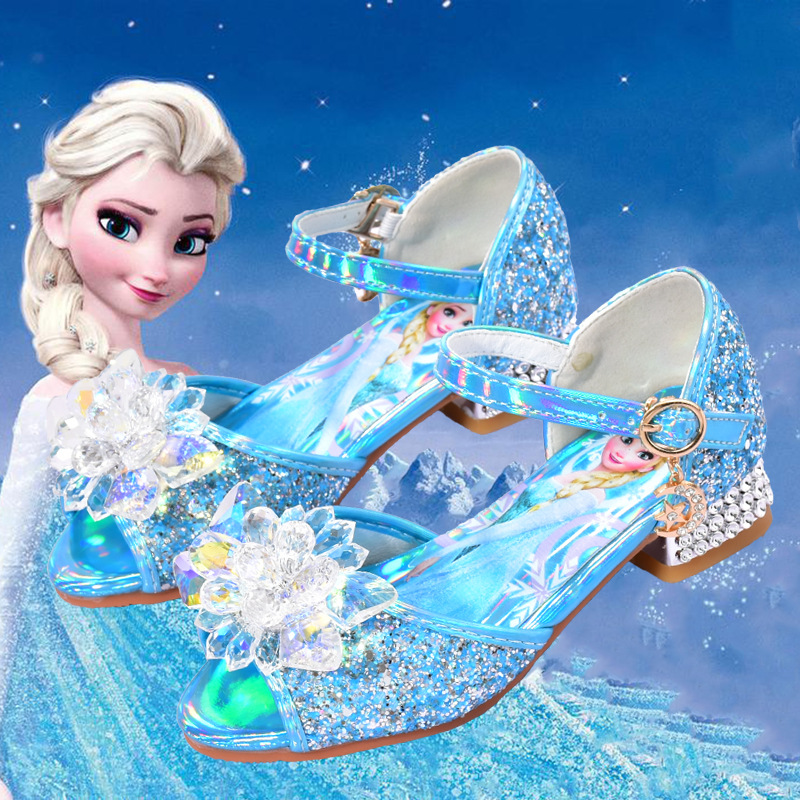 爱莎公主2022新款时尚女童凉鞋夏季小女孩水晶鞋玻璃花儿童高跟鞋