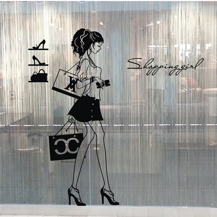 创意购物女孩服装店墙面装饰贴纸 女装橱窗玻璃门贴 鞋店包店墙贴