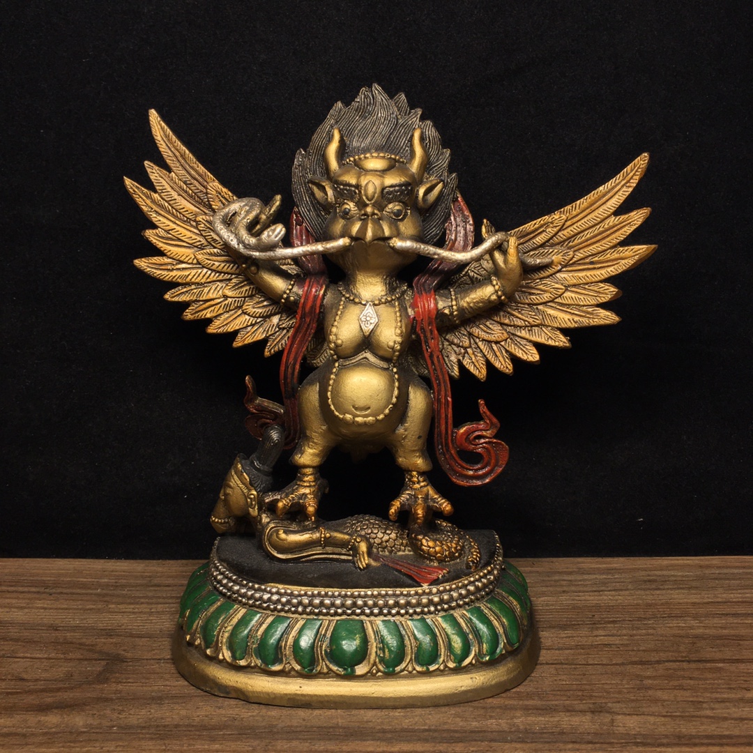 西藏传古代铜雕纯铜彩绘雷震子大鹏金翅鸟长16.5宽5.5高18重880克