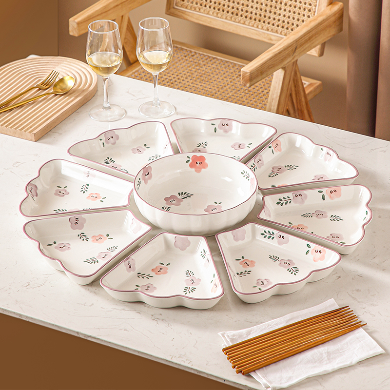 陶瓷团圆拼盘餐具组合套装十全十美家用圆桌扇形菜盘子年夜饭家庭