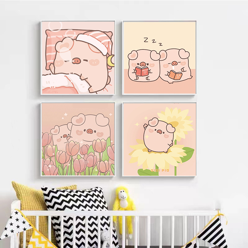 可爱猪猪数字油画diy填充涂色手工手绘卡通小猪情侣丙烯装饰挂画