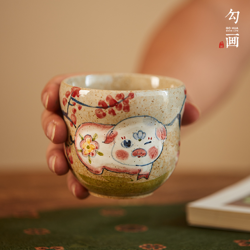 山谷景德镇中式茶杯可爱生肖猪手绘水杯奶茶杯陶瓷手工手握杯子
