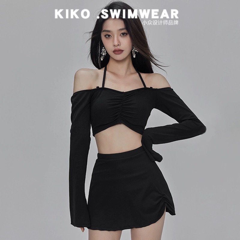 淑惠Kiko泰国小众设计黑色分体泳衣长袖防晒泳装温泉度假游泳衣
