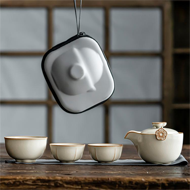 汝窑旅行茶具套装便携式陶瓷快客杯一人户外露营喝茶装备一壶三杯