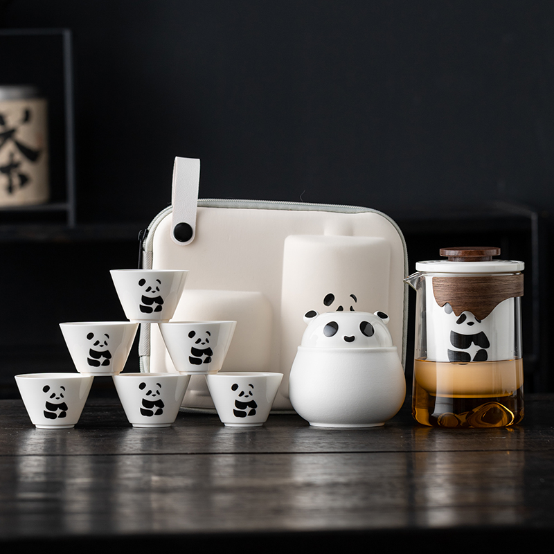 熊猫旅行茶具套装便携式快客杯一壶四杯户外露营装备陶瓷泡茶壶杯