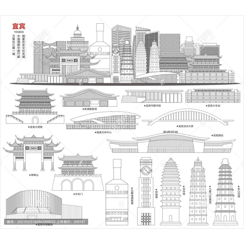 D506四川宜宾市AI矢量地标旅游建筑海报设计线稿城市剪影手绘插画