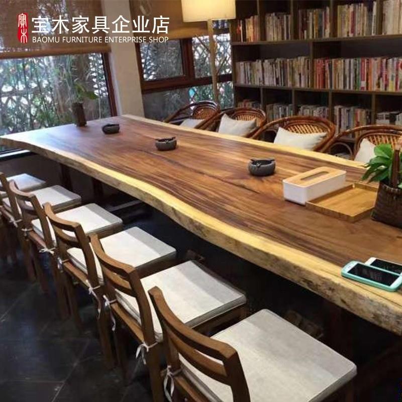 胡桃木实木大板客厅长桌原木餐桌榉木整板茶桌茶台缅甸柚木