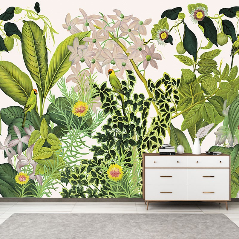 热带雨林绿色植物壁纸客厅鹦鹉大嘴鸟壁画东南亚餐厅3d芭蕉叶墙纸