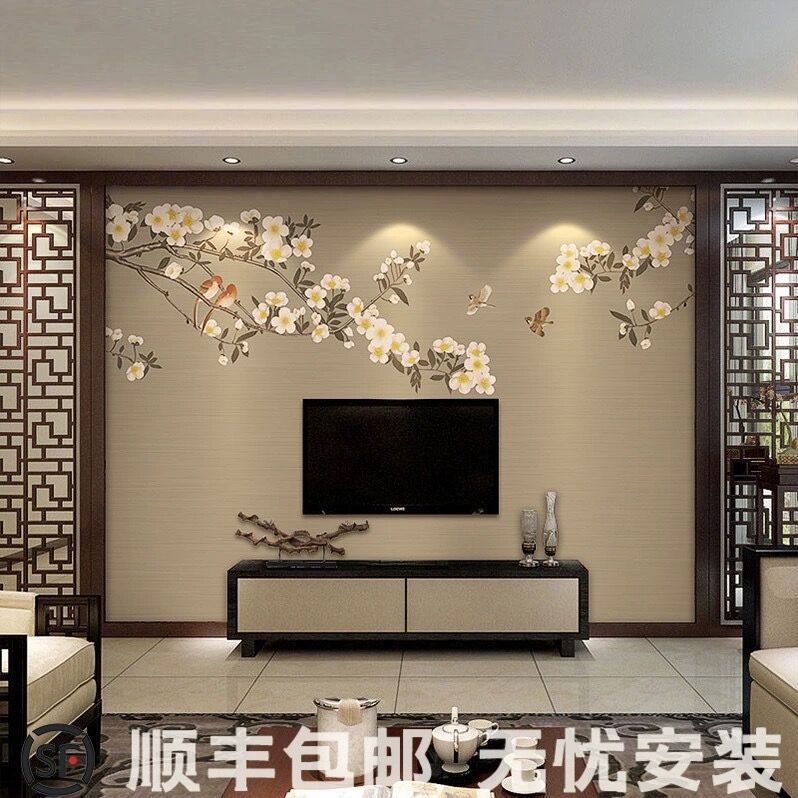 新中式壁画墙纸电视背景墙手绘花鸟梅花仿古卧室客厅壁纸墙布定制