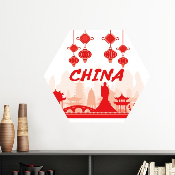 红色城市剪影中国灯笼墙贴壁纸房间贴花