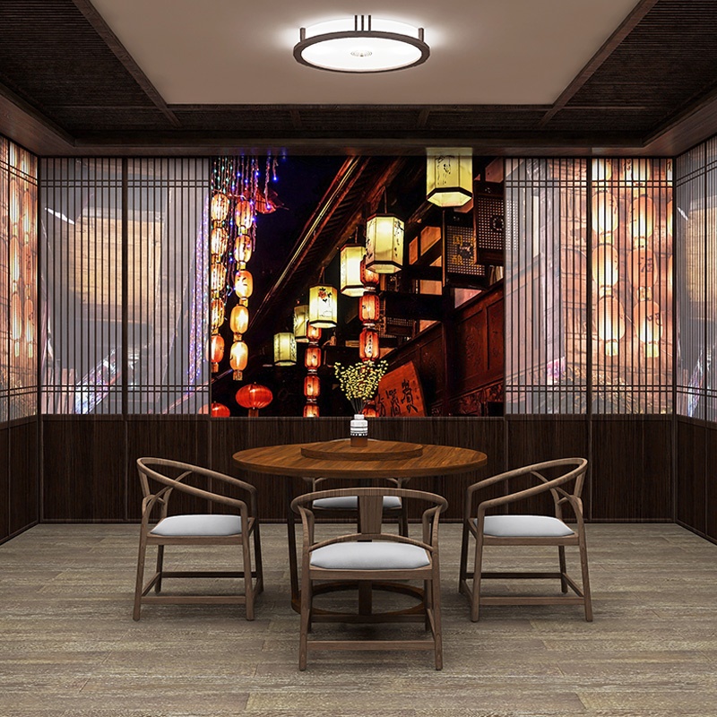 新中式3d古建筑壁纸中国风红灯笼装饰餐厅酒楼火锅店包厢装修墙纸