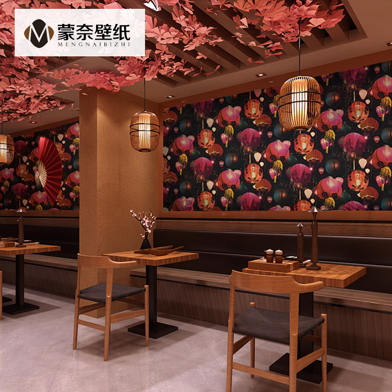 中式壁纸古典红色灯笼日式和风主题酒店墙纸  餐厅背景墙店铺装修