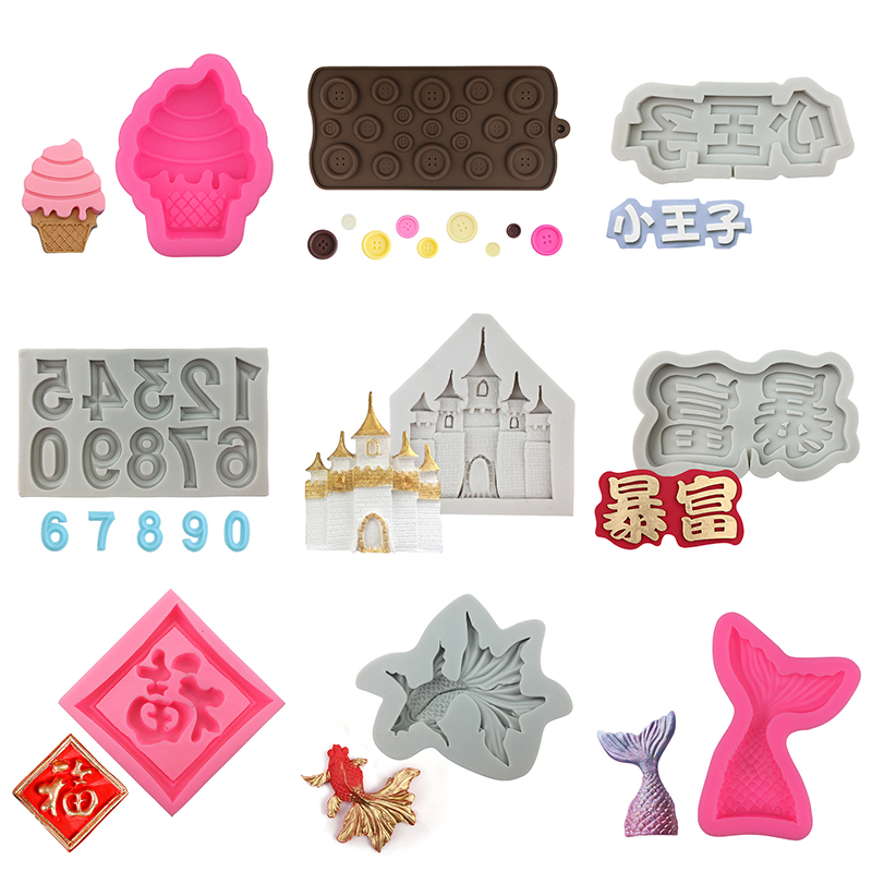 巧克力翻糖硅胶模具纽扣数字城堡字母王子鱼尾冰淇淋烘焙蛋糕装饰