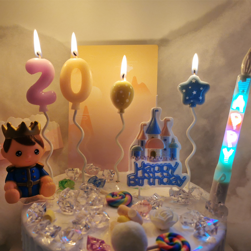 蓝色天空之城堡生日蜡烛气球五角星数字字母快乐蛋糕装饰派对儿童