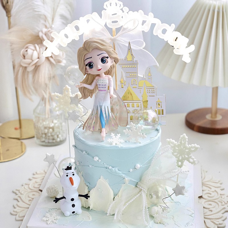 艾莎爱莎公主城堡蛋糕装饰品摆件字母生日快乐发光灯女孩女生插件