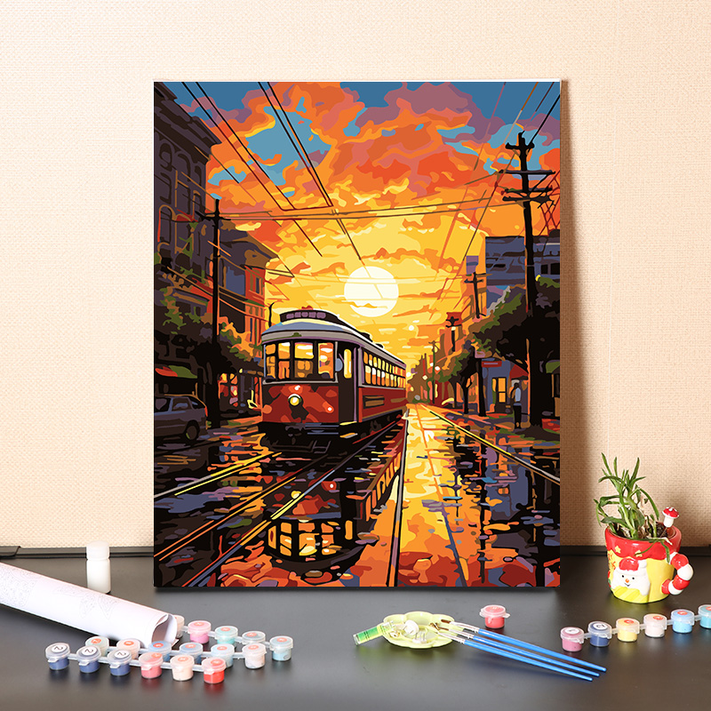 数字油画diy手工夜幕降临欧洲城市街道填充风景画手绘涂色油彩画