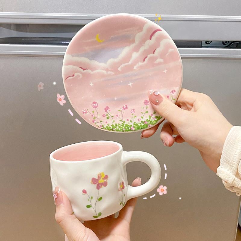 2024新款慢如旧-粉色花海咖啡杯碟ins风韩陶瓷套装手绘可爱少女心