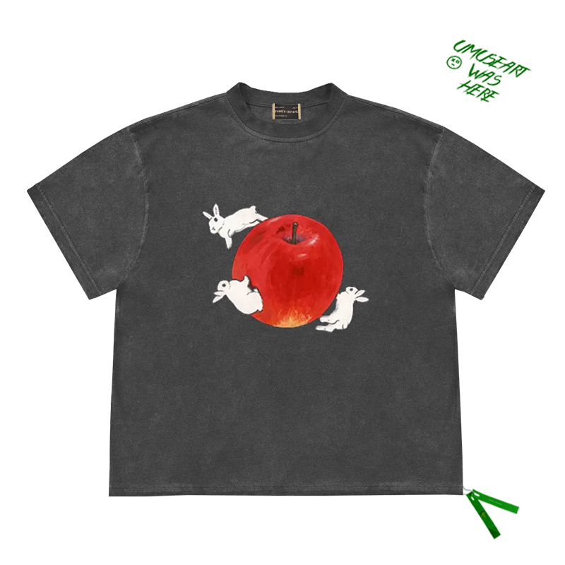 原创小众cropped top 写实苹果兔子插画图案创意设计感短袖上衣