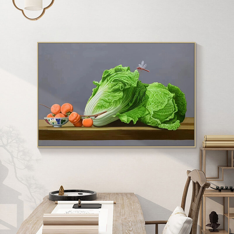超写实聚财大白菜手绘油画客厅餐桌静物装饰壁画玄关柿柿挂画