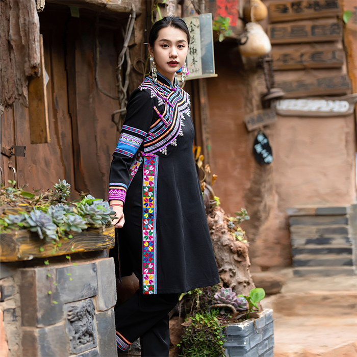 少数民族特色服装拉祜族新款刺绣黑色长款传统民族生活裤子套装女
