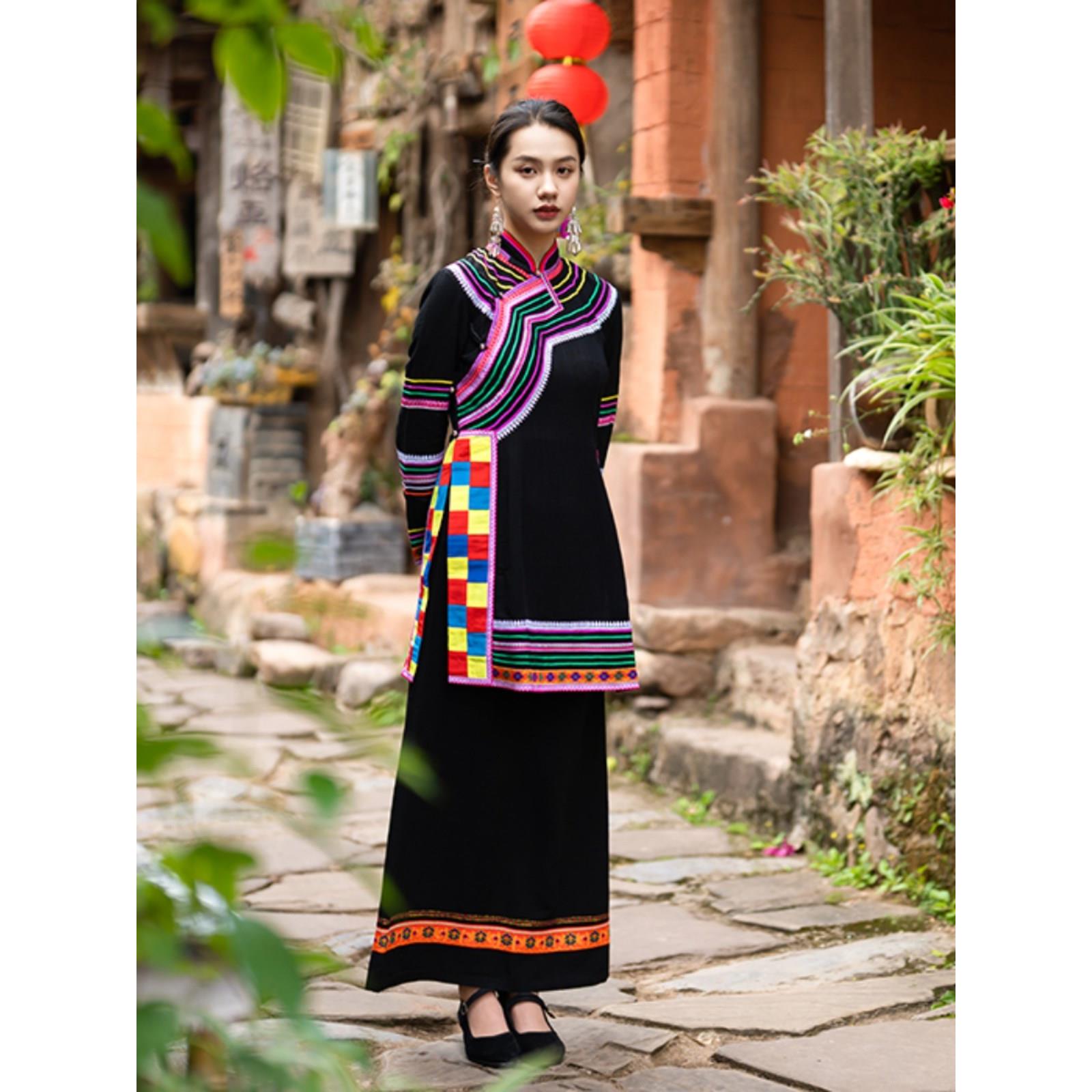 拉祜族服装少数民族特色新款民族风复古棉麻修身中长款生活套装女