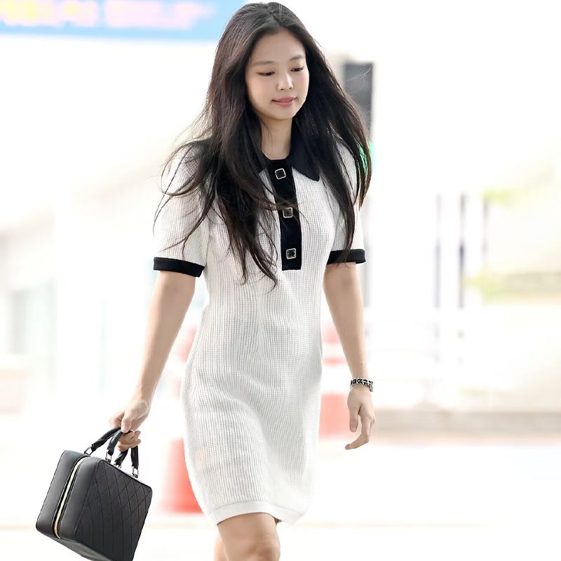 jennie金智妮同款白色小香风polo领法式针织短袖连衣裙女夏季裙子